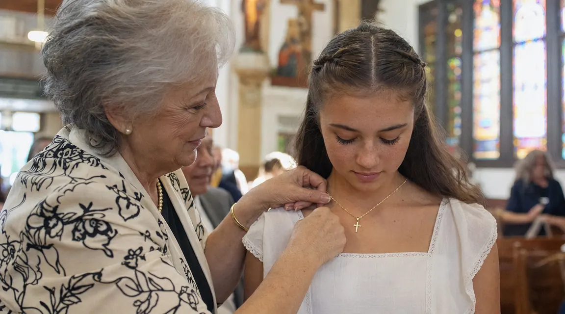 Grandmother placing a cross necklace around a young girl's neck at what appears to be a confirmation ceremony