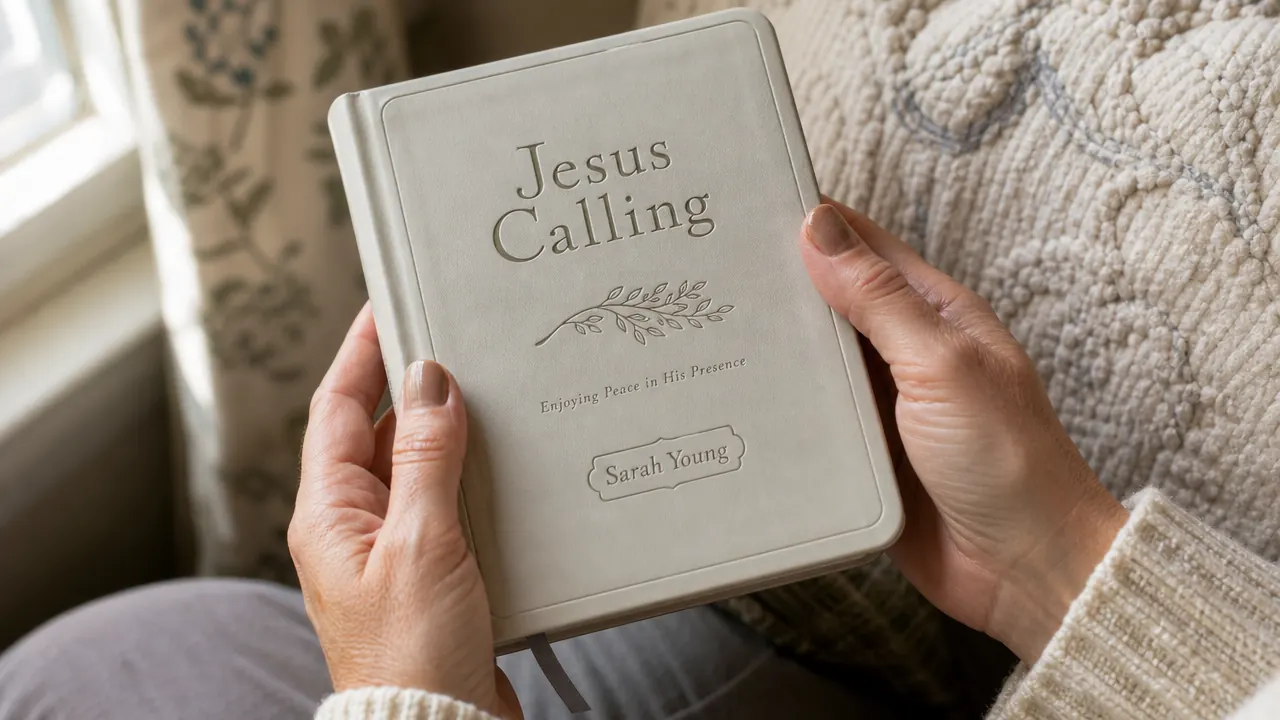 Woman's hands holding a small padded hardcover devotional book, bookmark ribbon visible between the pages