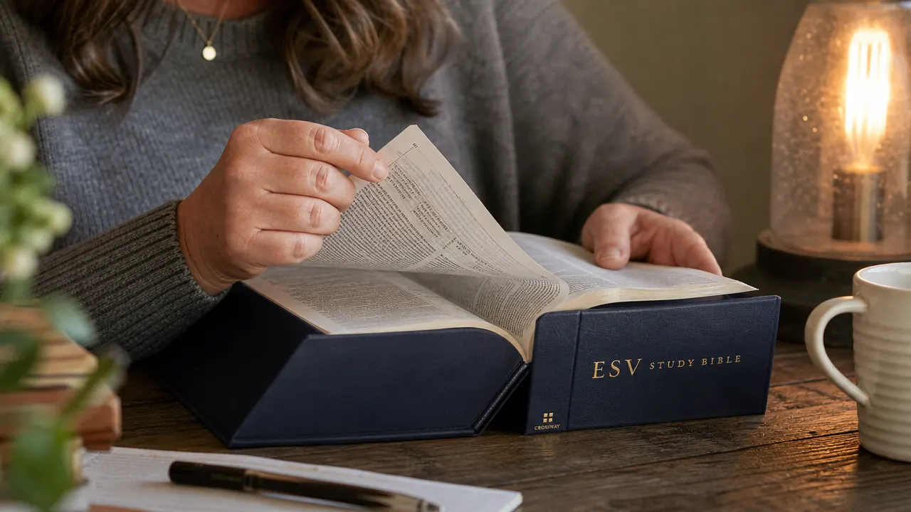 Hands turning pages of the ESV Study Bible, showing dense footnotes at the bottom of the page