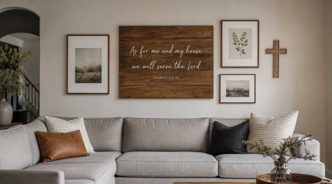 Living room gallery wall with a scripture sign as the centerpiece surrounded by simple framed prints and a small cross, neutral tones