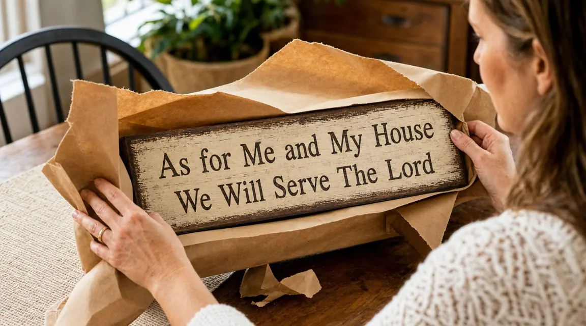 Hands unwrapping a wooden scripture sign from kraft paper packaging on a kitchen table