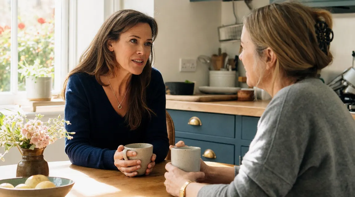 Two women sitting at a kitchen table with coffee mugs, one gesturing warmly toward the other