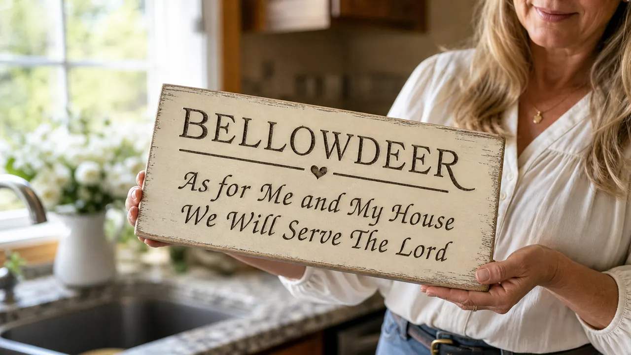 Close-up of the BELLOWDEER sign surface showing the distressed cream paint finish and routed script lettering