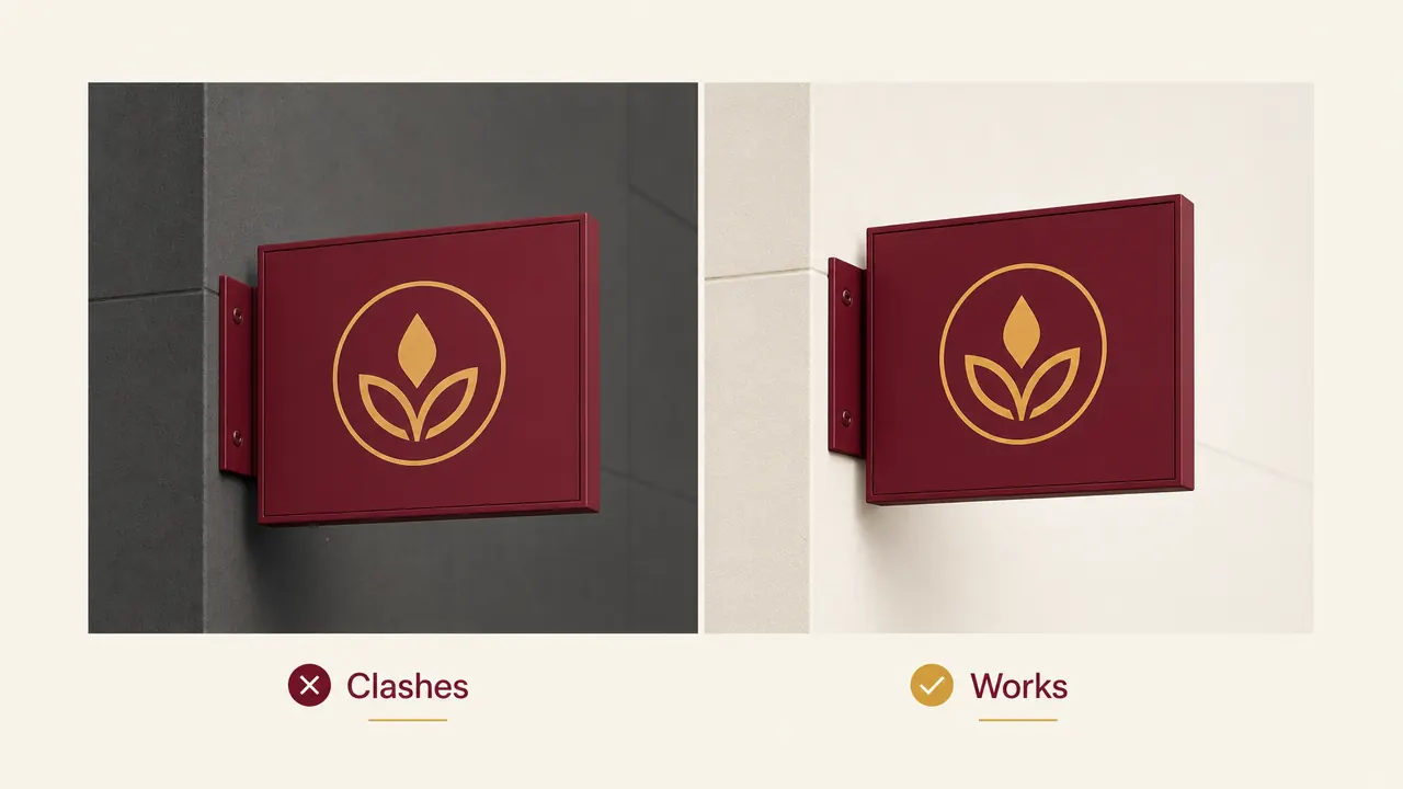 Side-by-side comparison showing the sign against a dark gray wall versus a cream wall to illustrate finish contrast
