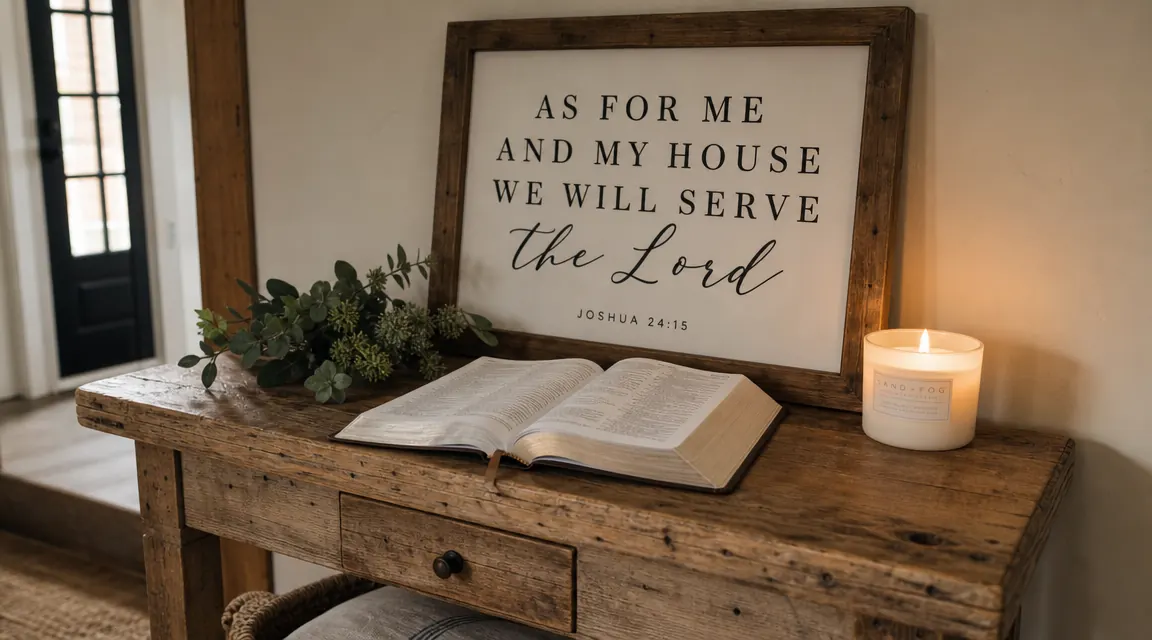 The sign displayed on a farmhouse console table with a Bible and candle arrangement