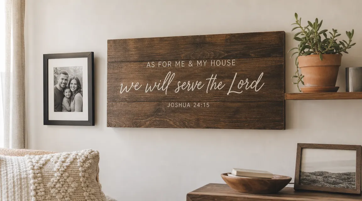 The As for Me and My House sign displayed on a gallery wall alongside a framed photo and a small potted plant on a floating shelf