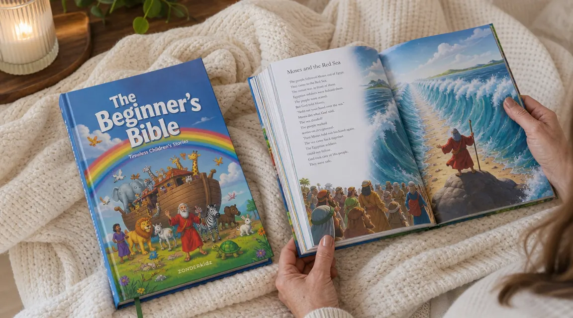 The Beginner's Bible book cover showing bright illustrated scenes from scripture stories