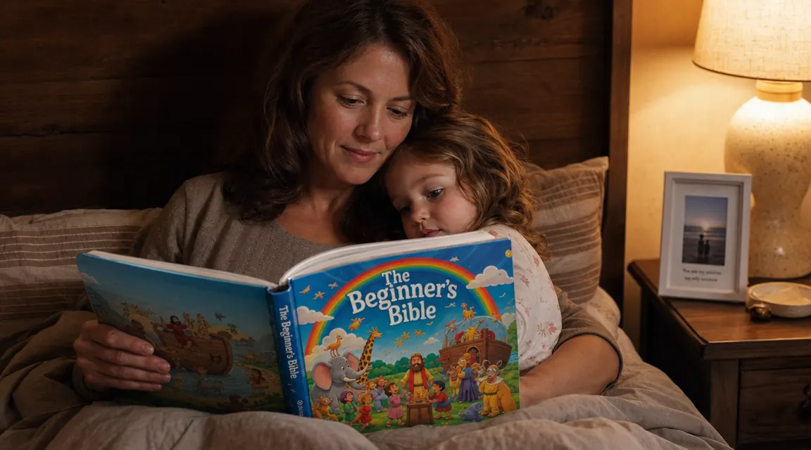 A parent reading The Beginner's Bible to a young child at bedtime
