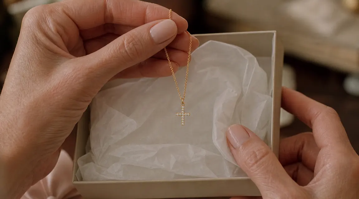 Hands gently holding a gold cross necklace over a gift box lined with white tissue paper
