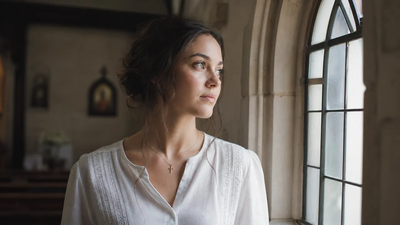 Young woman near a church window, gold cross necklace visible at her collar, quiet and composed expression