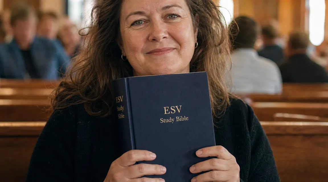 Hands gently holding a large hardcover study Bible, a congregation visible softly out of focus in the background
