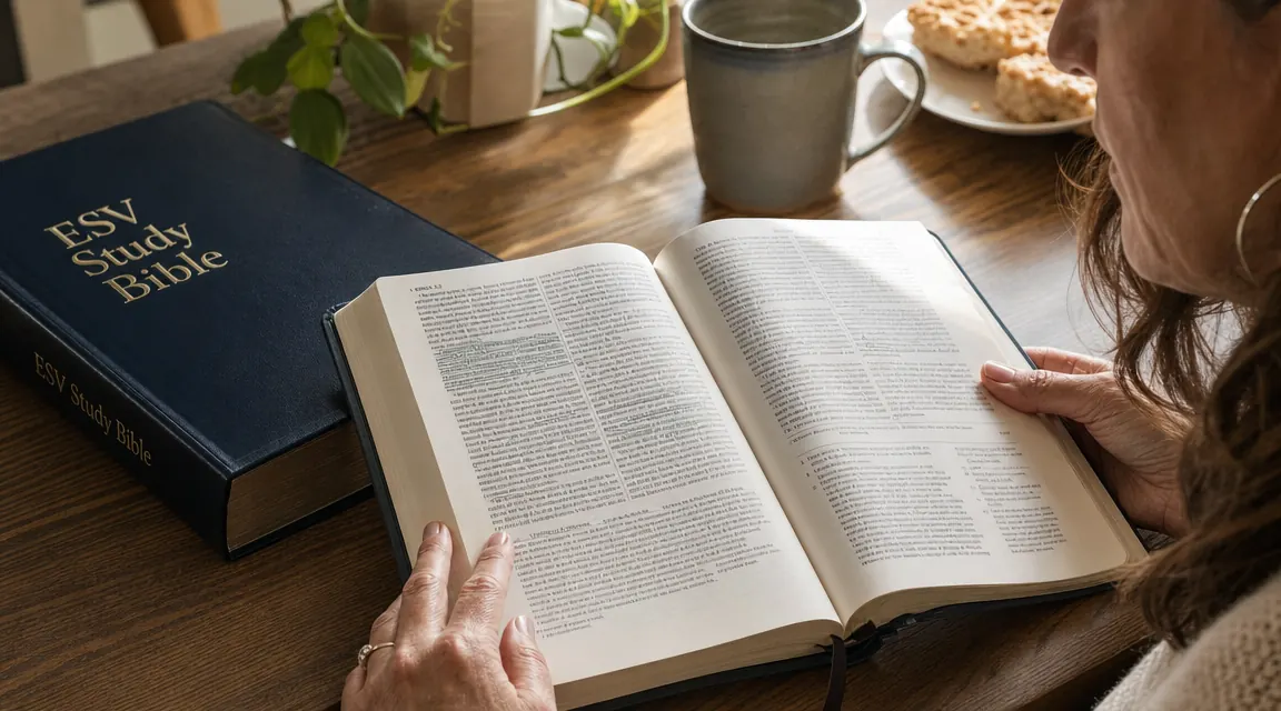 Close-up of ESV Study Bible open to a page filled with footnotes and cross-references in small, dense type