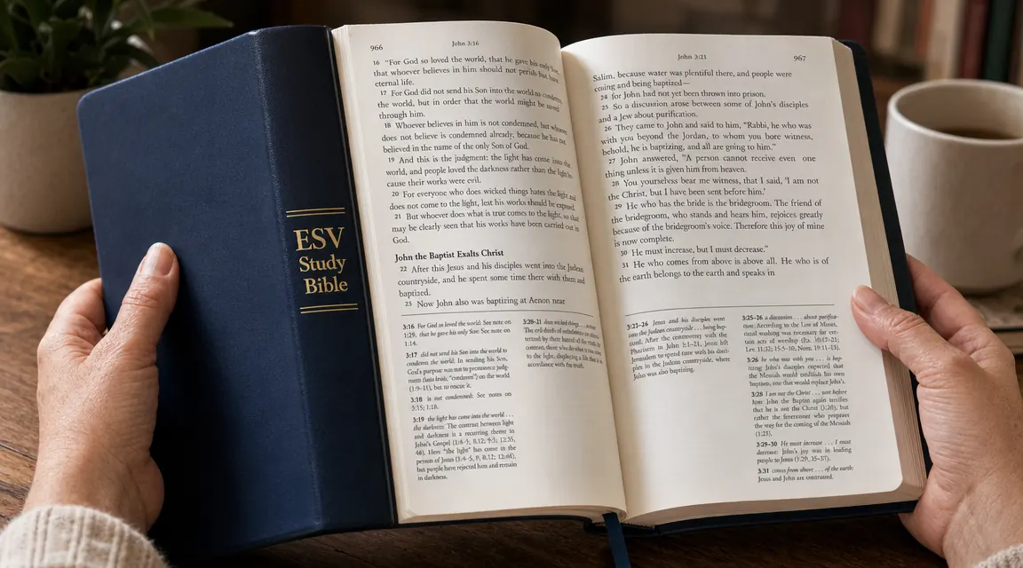 Close-up of ESV Study Bible footnotes and cross-references in small print at the bottom of a page