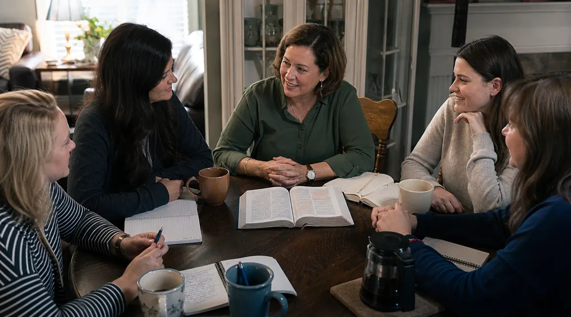 ESV Study Bible lying open beside a small group Bible study setting with notebooks and pens on a round table