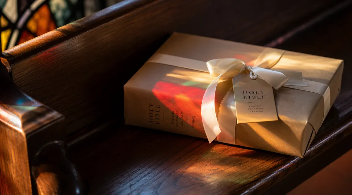 Gift-wrapped ESV Study Bible in kraft paper with a ribbon on a church pew
