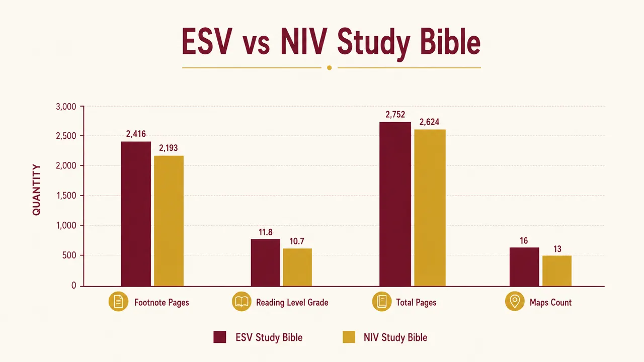 Chart comparing ESV and NIV Study Bible footnote word counts, readability grade levels, and page counts side by side