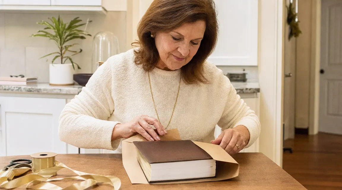 Woman wrapping a large study Bible in kraft paper as a gift, ribbon on the table beside her