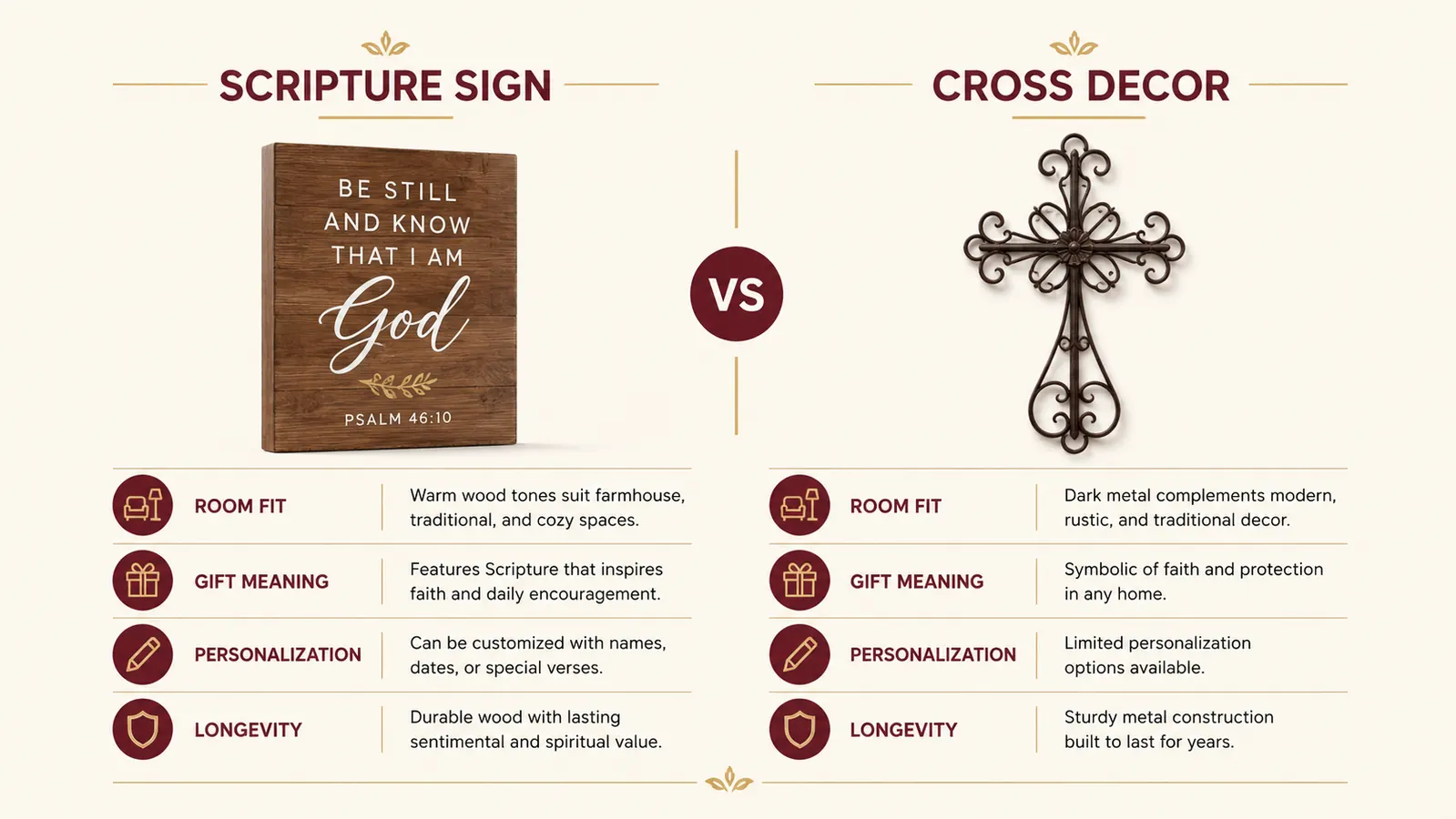 Side-by-side visual comparing a scripture wall sign on the left and a decorative metal cross on the right in similar room settings