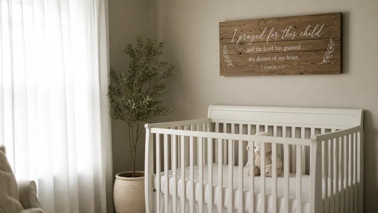 Scripture wall sign displayed in a nursery above a white crib, surrounded by soft neutral decor