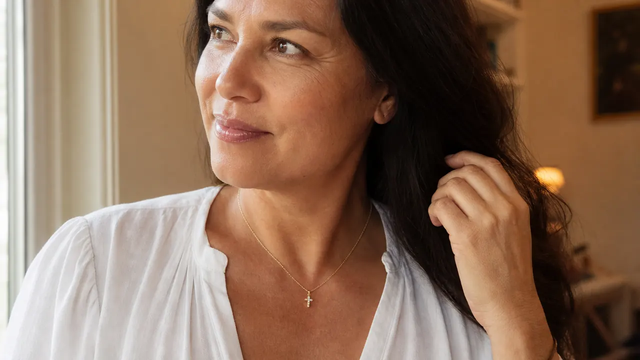 Woman wearing a gold cross necklace over a white blouse, pendant visible at collarbone, warm skin tone