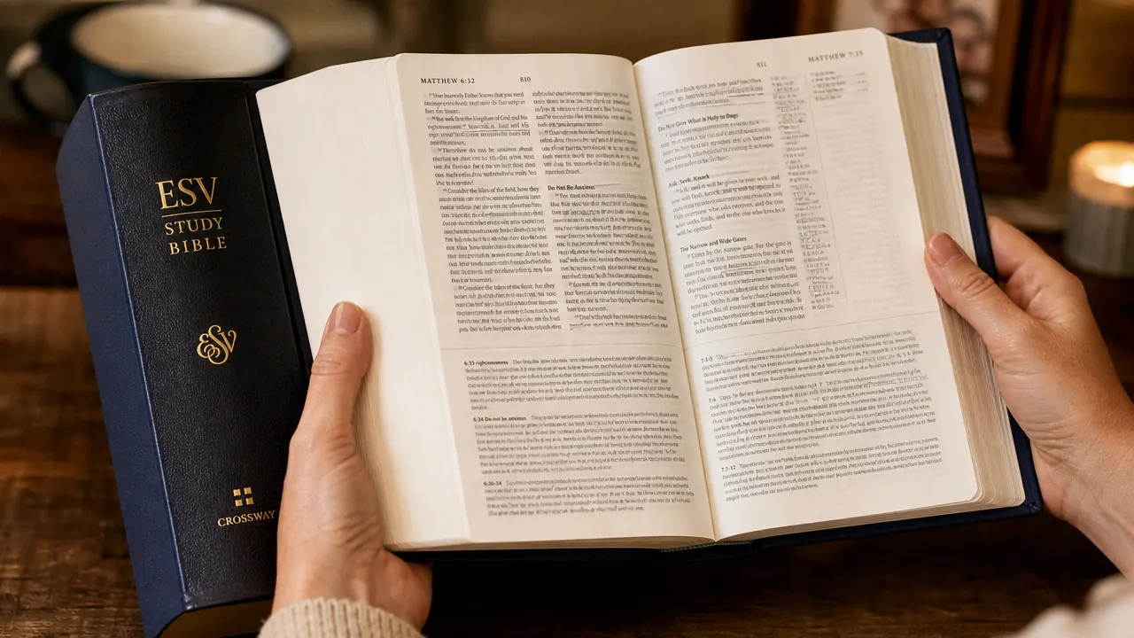 Hand holding an ESV Study Bible open to show the column of footnotes alongside the scripture text