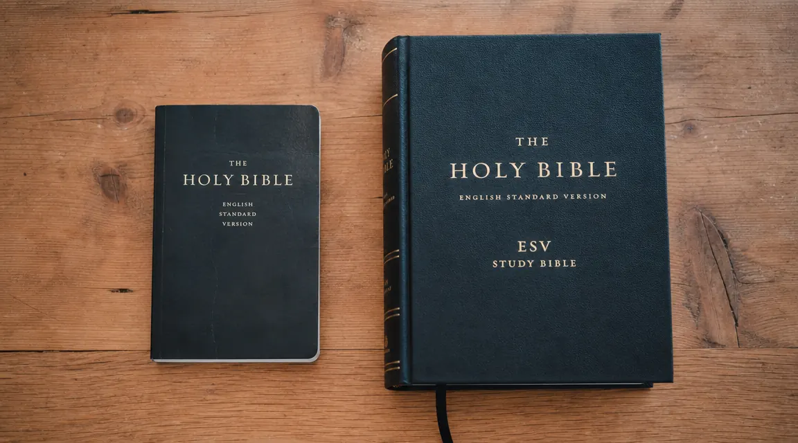 Side-by-side view of a thin paperback Bible versus a thick hardcover study Bible showing size and weight difference