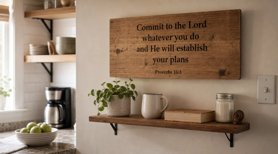 Kitchen wall with a scripture sign hung above a simple wooden shelf holding a small plant and a ceramic mug