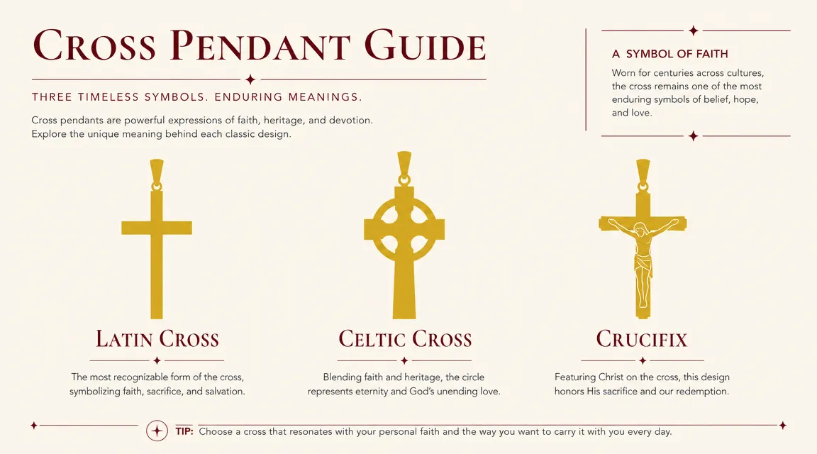Three cross pendant styles side by side on white background: a plain Roman cross, a Celtic cross with circular halo, and a crucifix with figure
