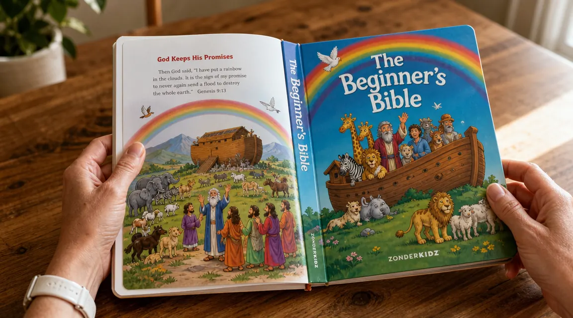 Hands opening The Beginner's Bible to a brightly illustrated page showing Noah's ark