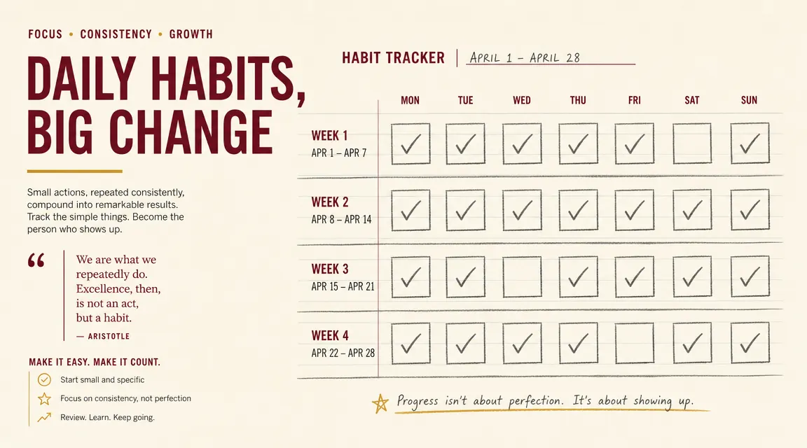 A simple habit tracker showing devotional check marks across four weeks, with a coffee ring stain on the corner