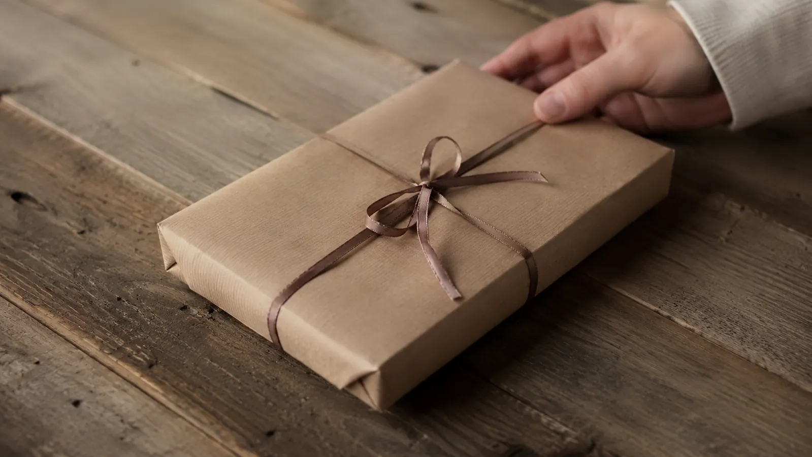 A gift-wrapped devotional book with a simple ribbon on a wooden table, soft focus background of a quiet living room