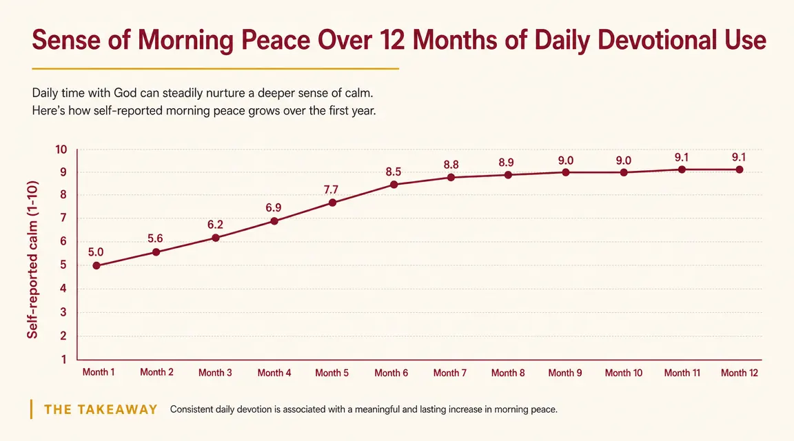 Chart showing reader-reported peace and consistency scores tracked across twelve months of daily devotional use