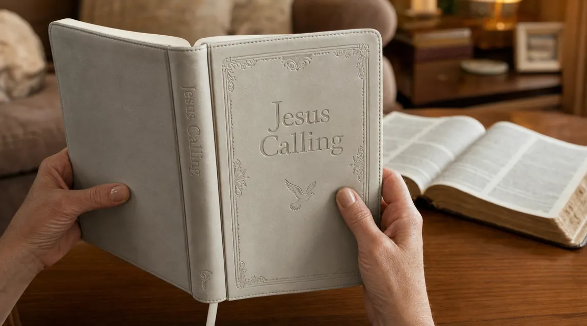 Hands holding an open Jesus Calling devotional, thumbs on the page, with a worn Bible visible in the background