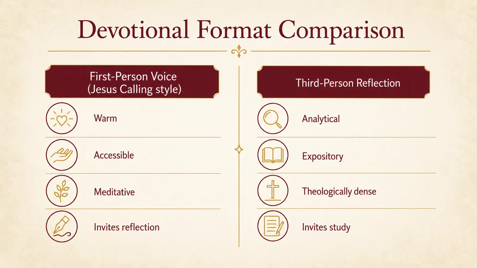 Chart showing a simple two-column comparison of devotional formats: first-person narrative versus third-person reflection