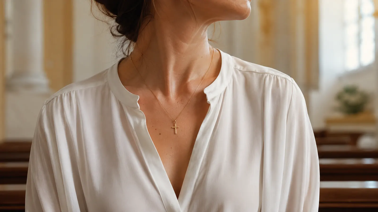Woman wearing a gold cross necklace at the neckline of a simple white blouse in a church-like setting