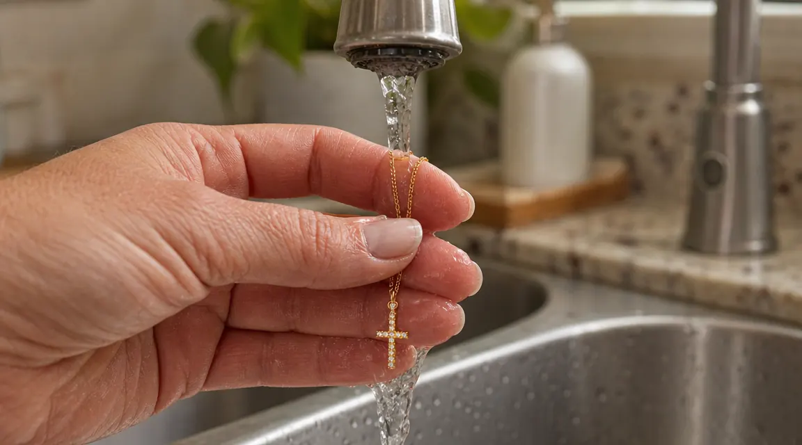 Woman's hand holding a small gold cross necklace over a kitchen sink with running water