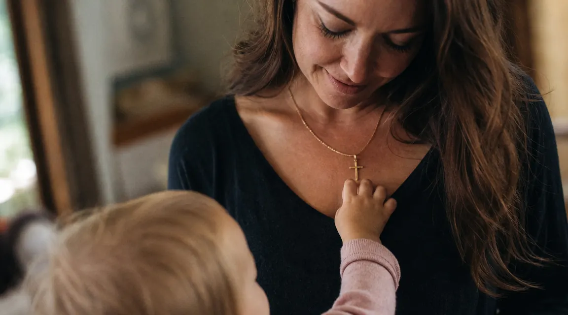 Small child's hand reaching up and touching a gold cross necklace worn by a woman